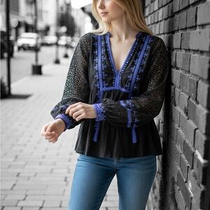 FP Movement by Free People Black Blouse with Blue Embroidery